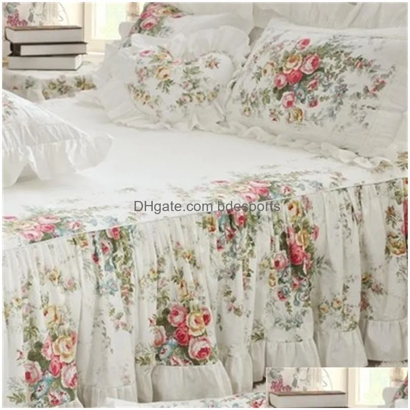 4pcs korean style beige princess bedding set luxury rose printing lace quilt cover ruffles bedspread bed sheet cotton queen king size 487