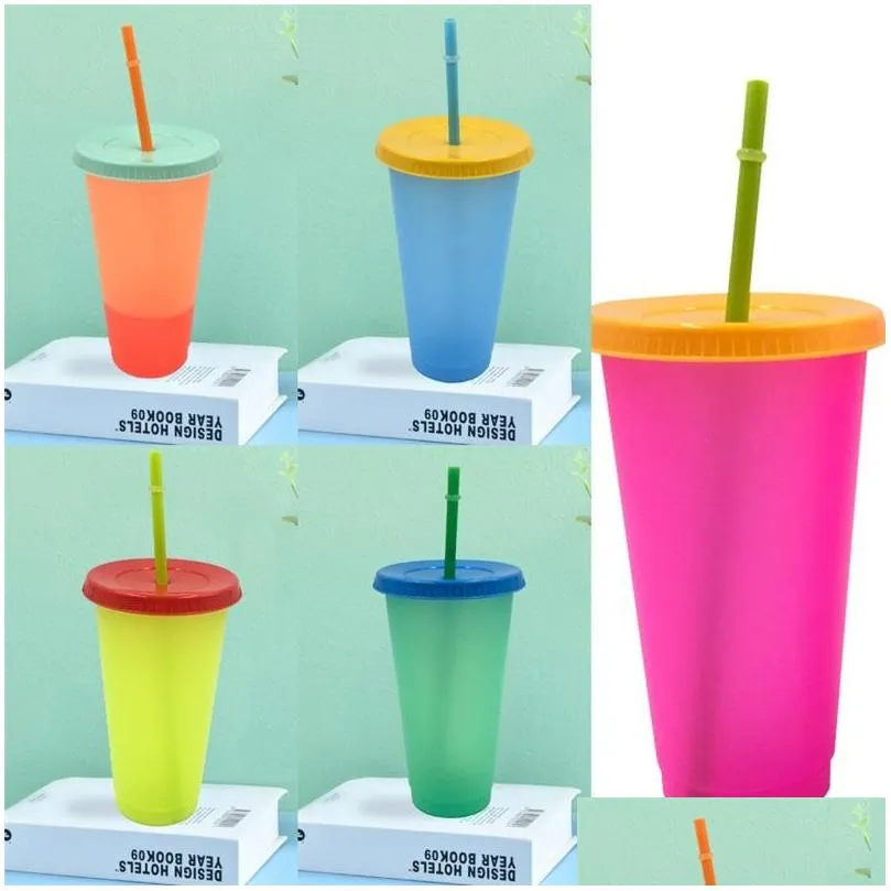 water color changing cups temperature sensing clear coffee mug straw plastic tumbler reusable with lid circular household 5hb b2