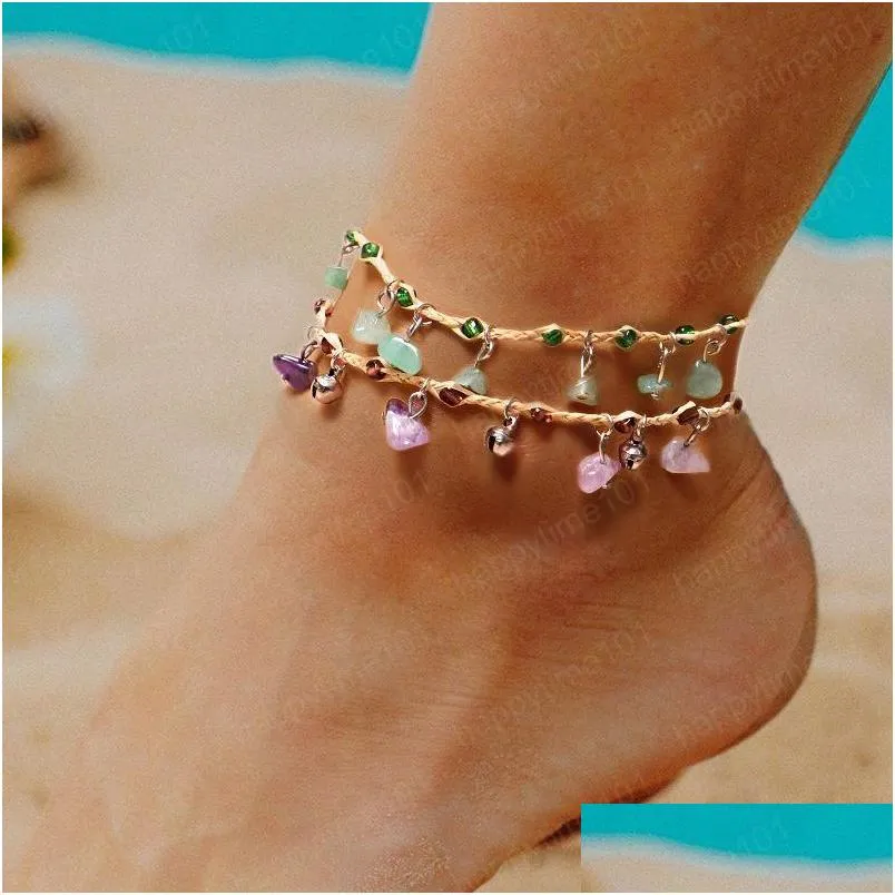 handmade natural stone pendant anklets for women girls bohemian weave foot chain beach ankle anklet crushedstone beach jewelry