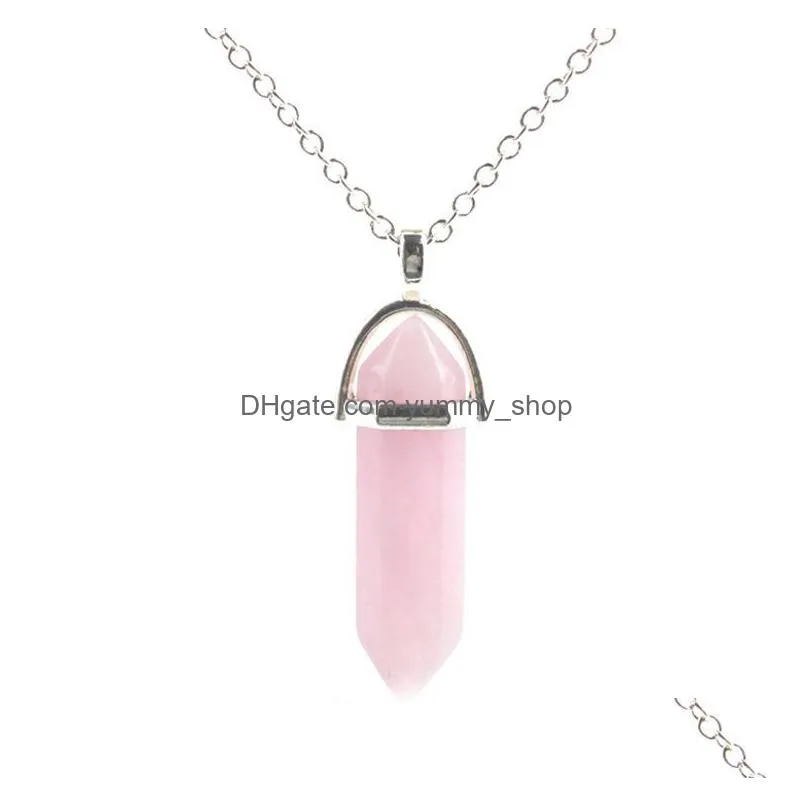 european and american fashion jewelry crystal hexagonal column pendant natural stone double pointed columns necklace quartz point pendant with wax