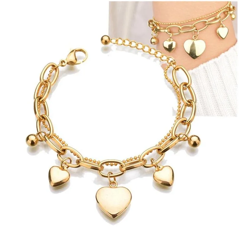 18k gold plated women layered stainless steel heart charm bracelet factory custom design c3