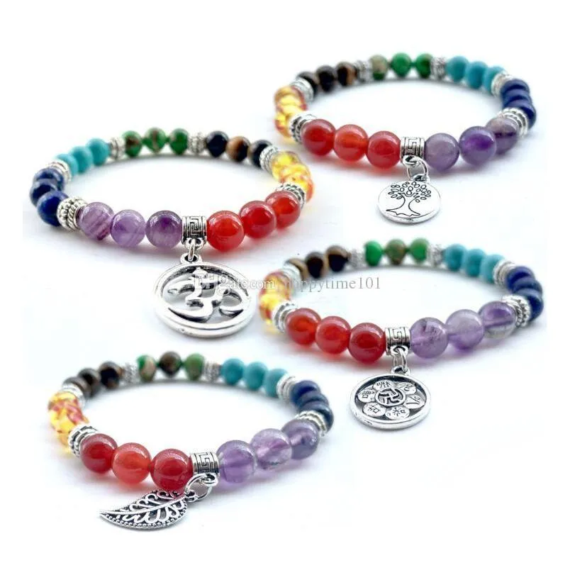 fashion volcano bracelets wholesale natural 8 mm agate/tiger eye/laips/amethyst stone bracelet with seven color stone beaded bracelet