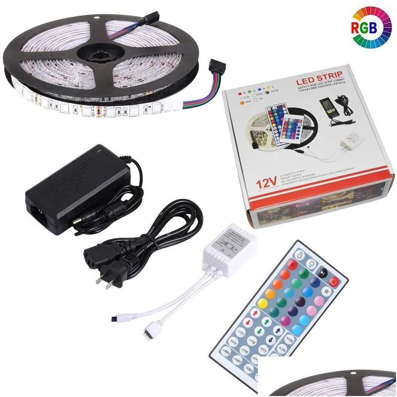 led strip light dc 12v flexible diode ribbon tape smd 5050 rgb 24key 44key full set power ip65 ip20 5m lighting