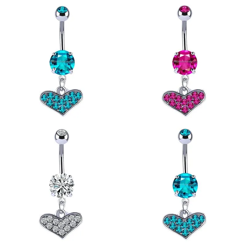  316l stainless steel pink blue heart crystal navel bars belly button ring navel piercing jewelry