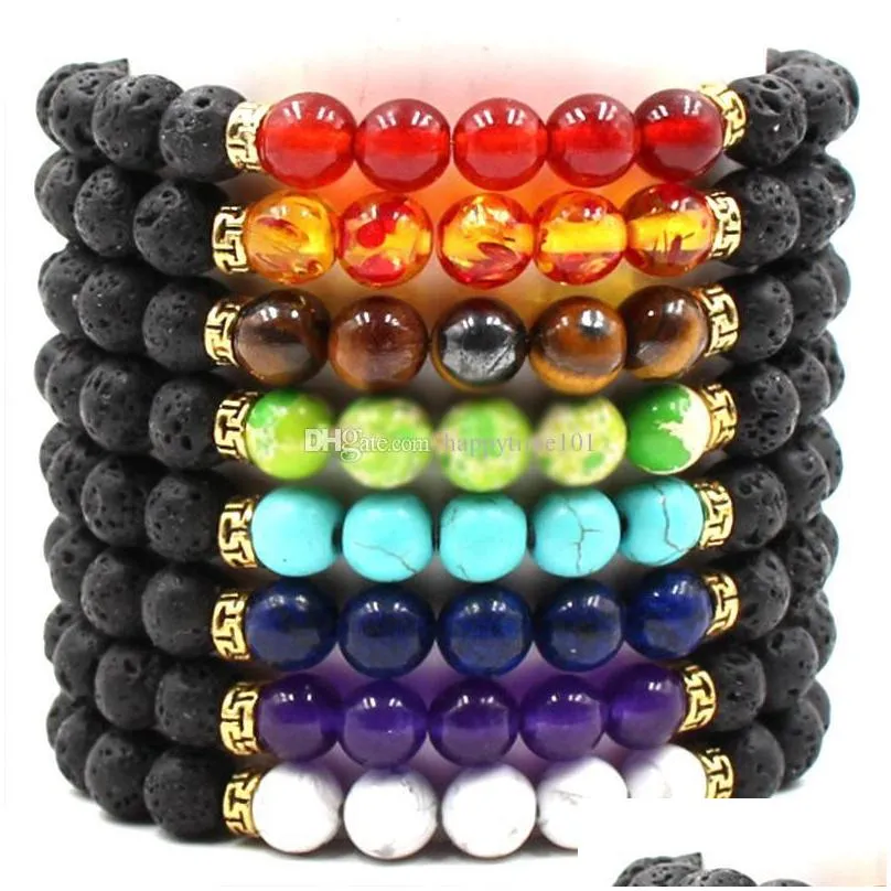 fashion natural black lava stone 7 chakra bracelet  oil diffuser bracelet volcanic rock beaded bracelets