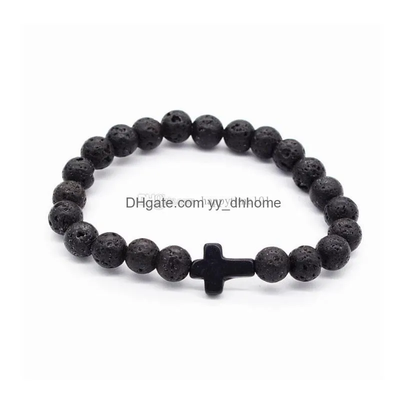 natural lava stone prayer beads charms bracelets antifatigue silver cross volcanic rock mens womens diffuser jewelry