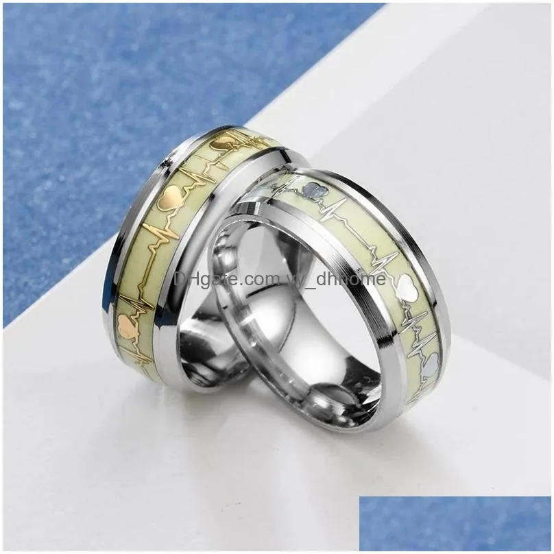 ephalus simple titanium steel luminous heartbeat ring unisex ecg stainless steel couple commitment engagement heart ring gift