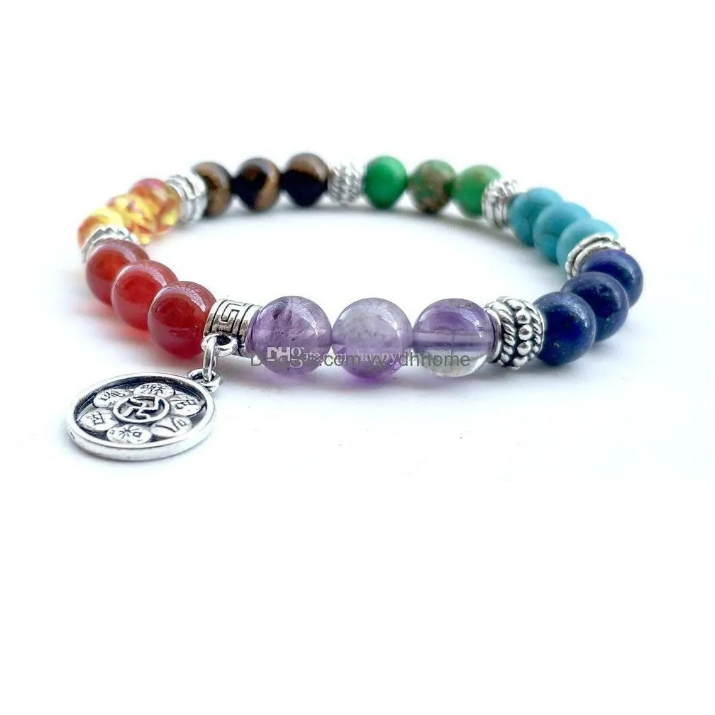 fashion volcano bracelets wholesale natural 8 mm agate/tiger eye/laips/amethyst stone bracelet with seven color stone beaded bracelet