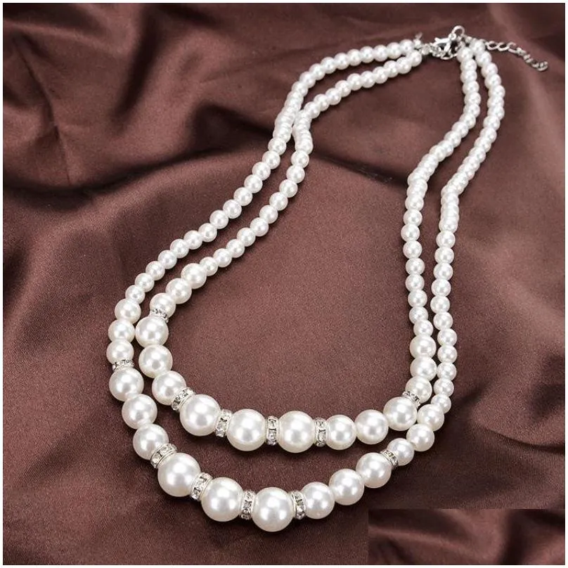 fashion double layered fake faux pearl beads necklaces bride bridesmaids beaded chains for women ladies female wedding jewelry gift c3