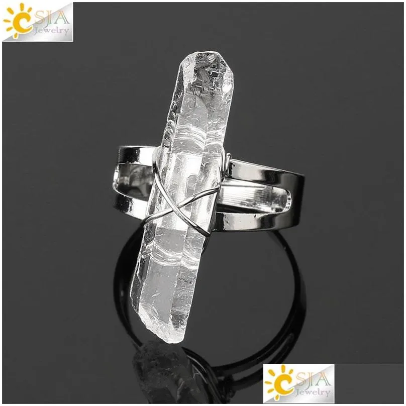 csja women ring natural stone irregular crystal silver color wire wrapped adjustable open rings reiki fashion jewelry party 1669 v2