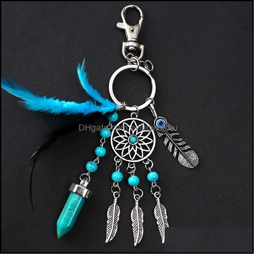 csja dream catcher keychains blue feather tassel hamsa hand evil eye keyring for wall car hanging decor amulet boho jewelry 599 q2