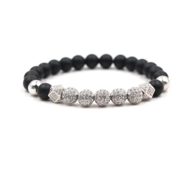 4 colors 8mm matted black stone beaded bracelet cz zircon crystal ball buddha charms bracelet men women fashion jewelry