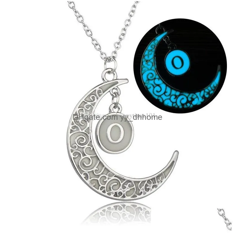 az letters luminous necklace glow in the dark openwork carving moon alphabet stone pendant necklaces for womens fashion jewelry