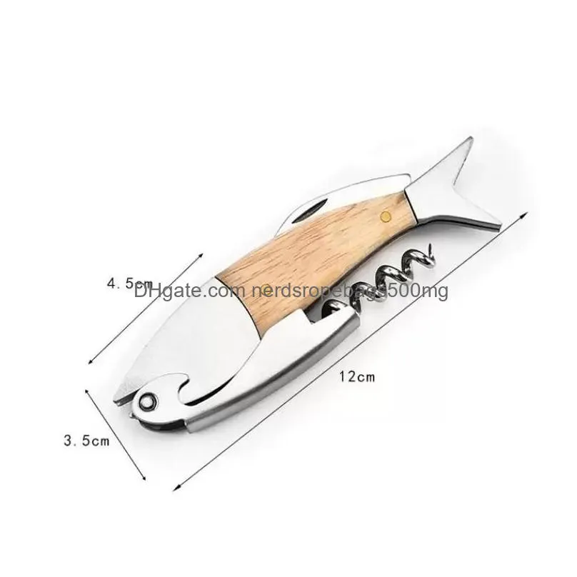 fish shaped wooden handle wine beer opener portable 304 stainless steel kitchen restaurant bar inventory wholesale