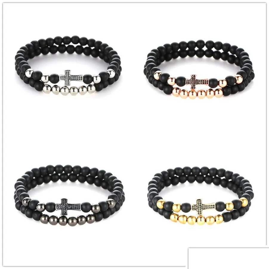4 colors 2pcs/set natural stone black 6mm beads bracelets women micro pave cz cross charms bracelet set male accessories jewelry