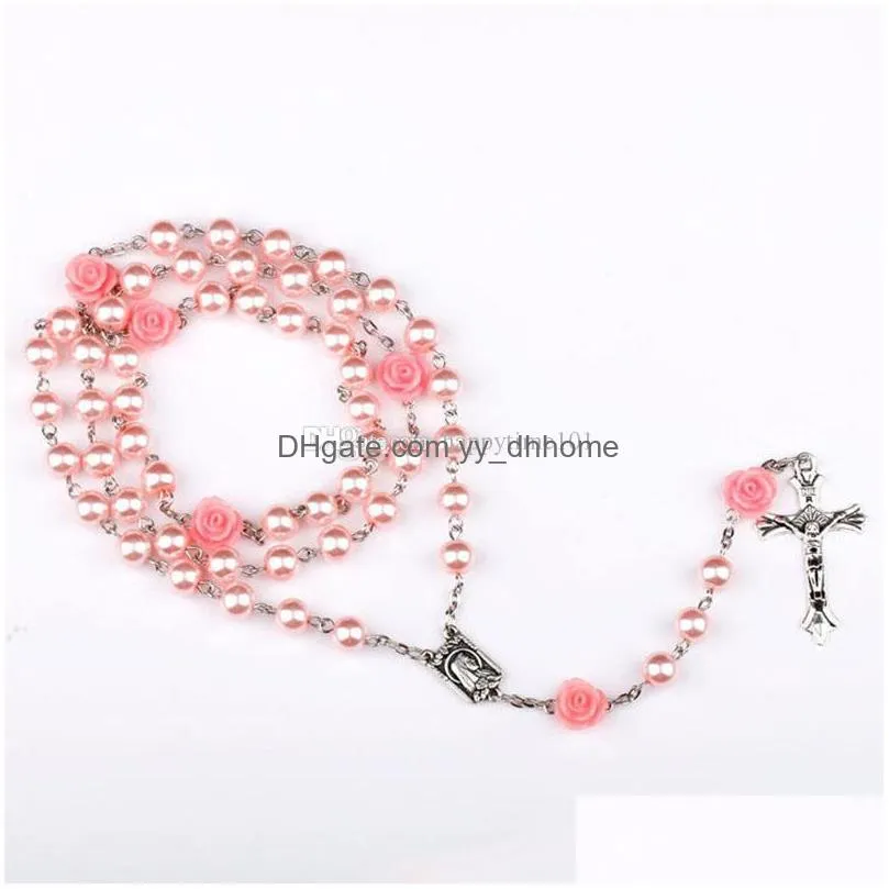 pink rosary beads catholic rosary necklace for girls women glass father bead crucifix pendant rose halloween gift girl