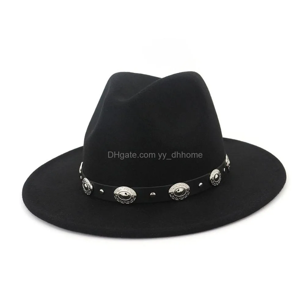 unisex wide brim wool jazz hat cap rivet belt decor panama trilby fedora hats men women lovers party carnival formal hat