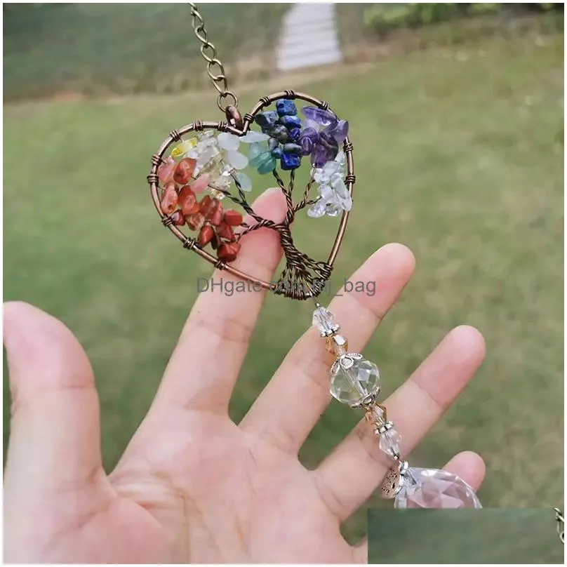 yoga healing spiritual home window wall hanging pendant decor tree of life hang chakra stone prism natural crystal charm ornament car