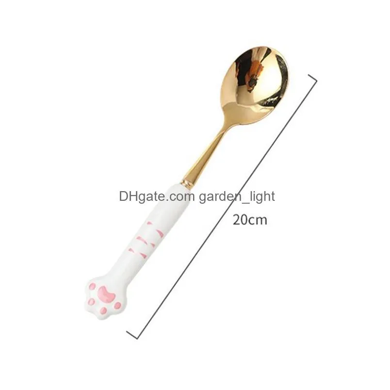 304 stainless steel cute cat claw ceramic spoon fork cutlery portable reusable kitchen utensils inventory wholesale