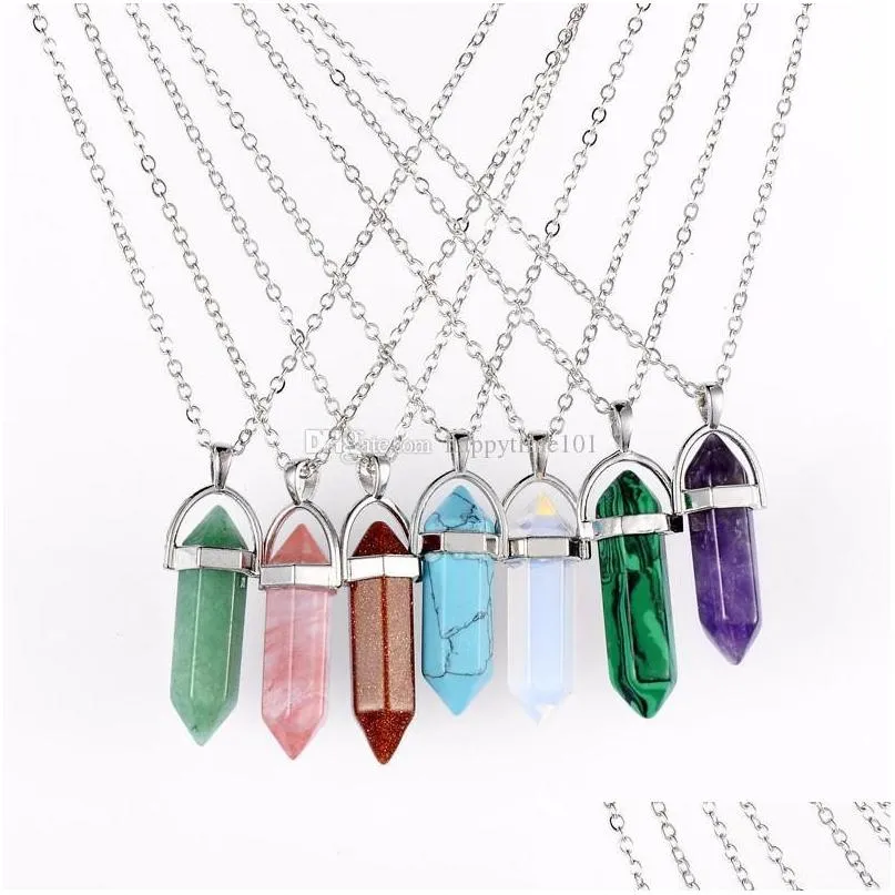 fashion silver plated bullet 20colors crystal necklace opal turquoise natural stone quartz necklaces jewelry stainless steel chain