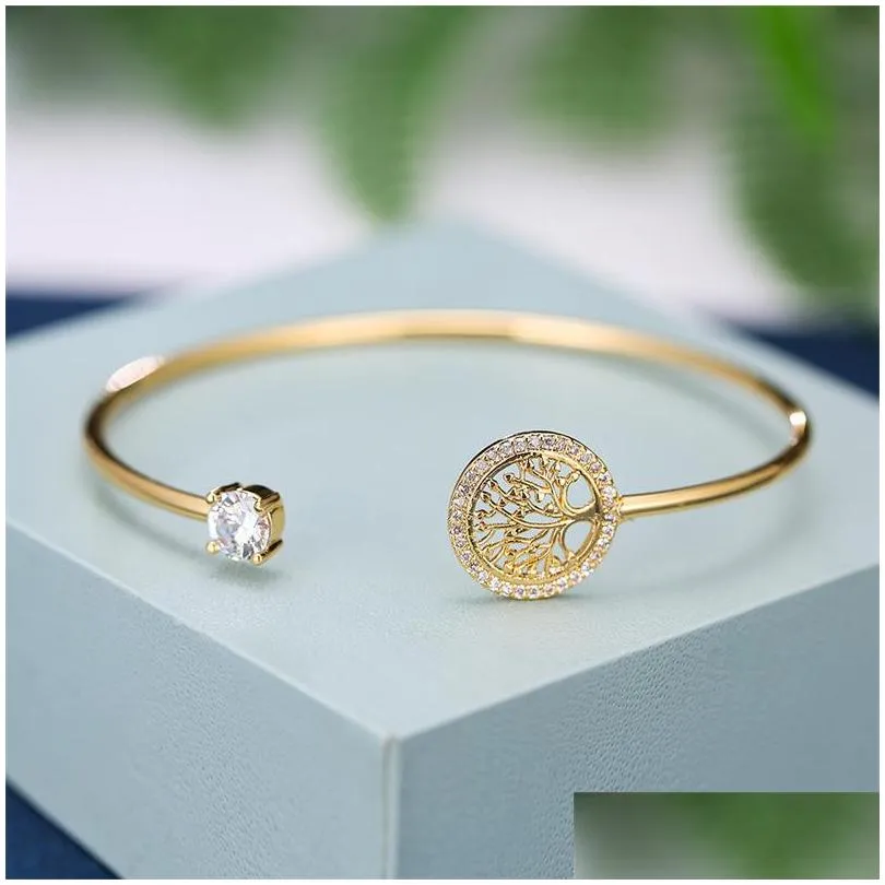 female white zircon stone cuff bracelet tree of life adjustable bracelets for women cute rose gold wedding jewelry 147 d3