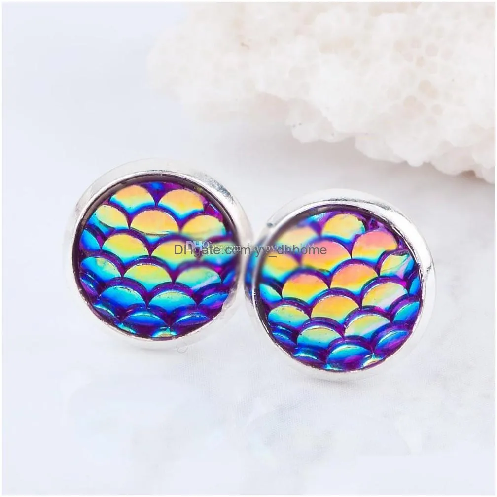 handmade druzy drusy resin beads round earrings 12mm mermaid fish scale pattern stud earrings fashion trendy women jewelry