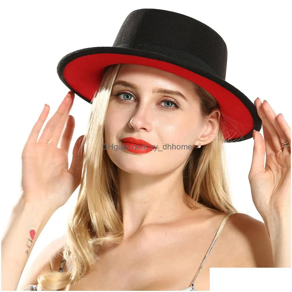 outer black inner red flat brim sombreros flat top felt boater hat womens lady imitate wool fedora hats with black ribbon