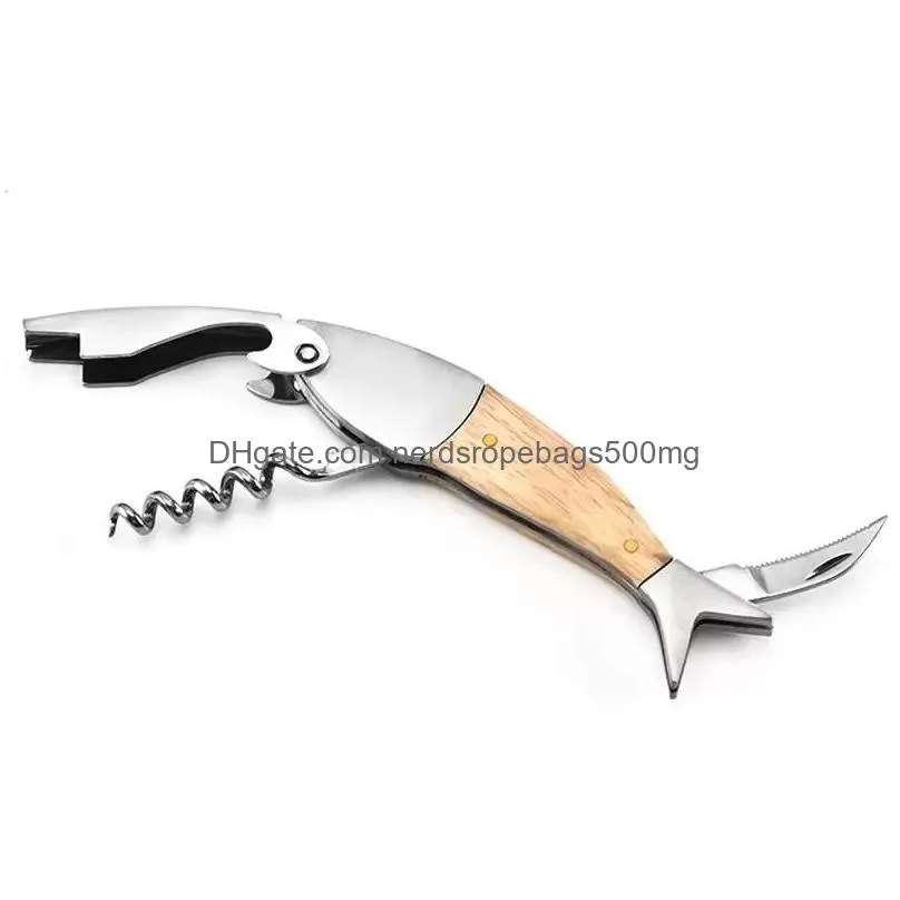 fish shaped wooden handle wine beer opener portable 304 stainless steel kitchen restaurant bar inventory wholesale