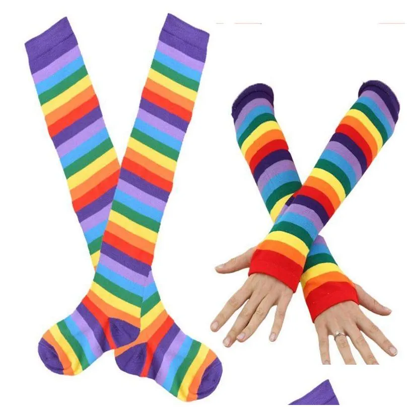 five fingers gloves womens rainbow stripes over knee thigh high socks arm warmer fingerless set fancy dress cosplay masquerade party