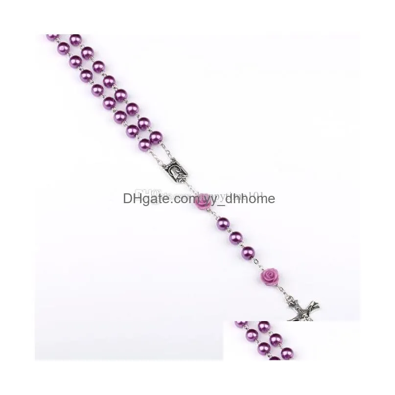 nice woman trendy purple imitation pearl rose catholicism prayer beads cross necklace goddess religion necklace jewelry