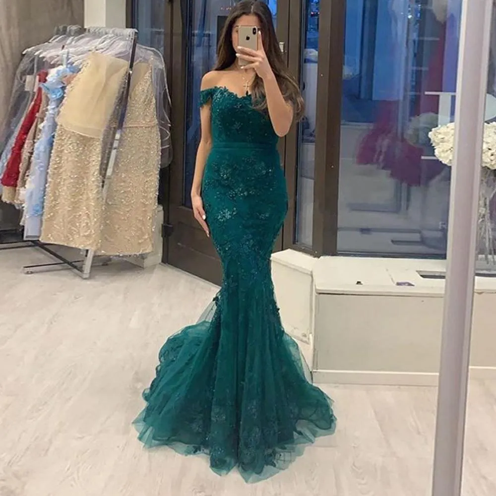 2023 Evening Dresses Wear Dark Green Amazing Off Shoulder Lace Appliques Crystals Beaded Mermaid Sexy Women Dubai Formal Party Prom Dress Overskirts