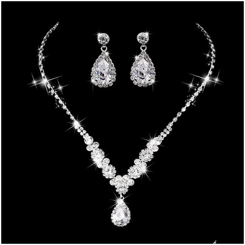 water drop rhinestone pendant necklace  plated silver dangle earrings elegant bridal wedding jewelry set 288 d3