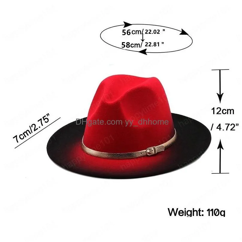 women men wool vintage trilby felt fedora hat with wide brim gentleman elegant gradient color for lady winter red jazz caps
