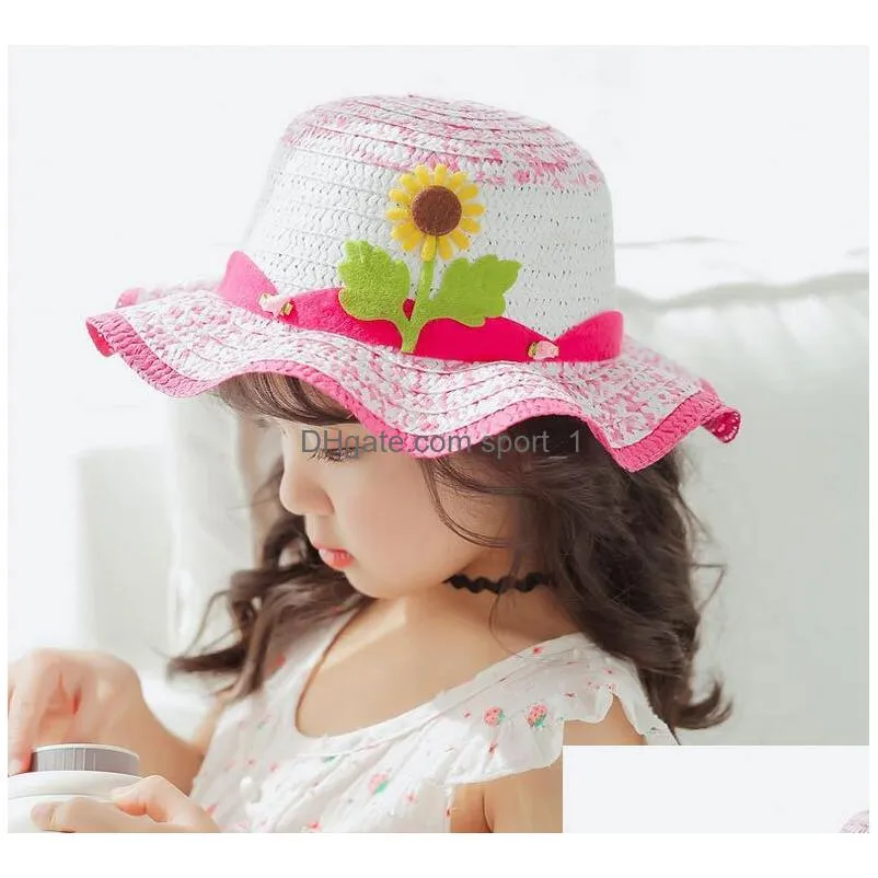 6 color nice breathable children straw hat with cartoon sunflower creative baby hats girls bucket hat kids beach hat wavy edge cap 