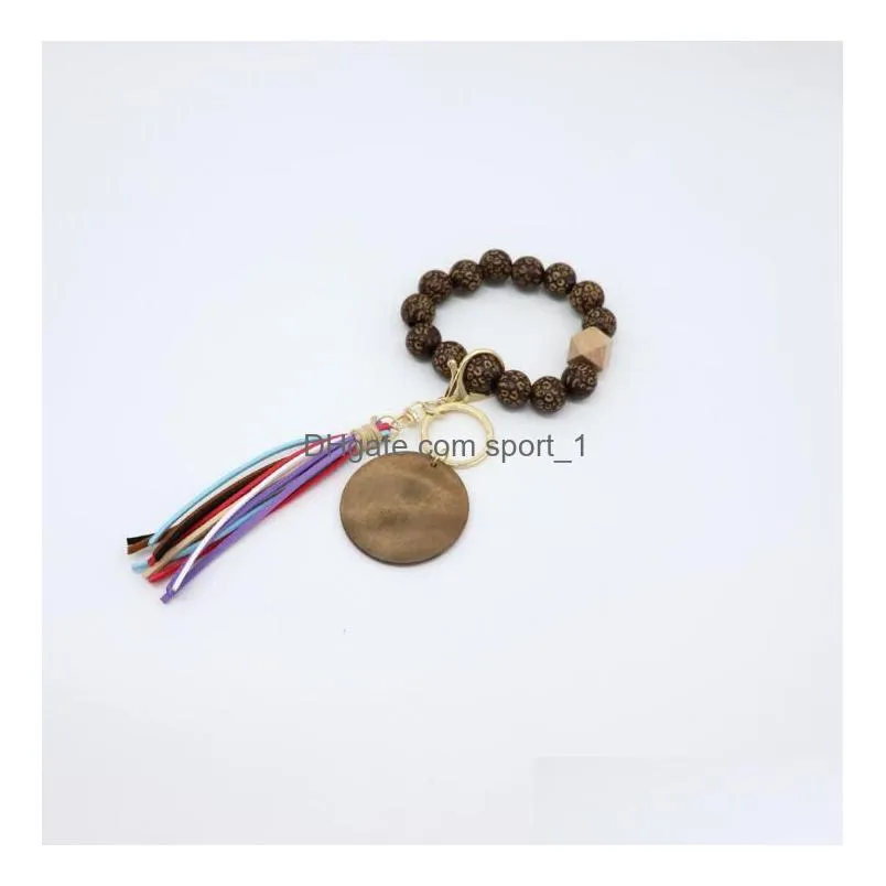 fashion wooden beads bracelet craft carved keychain blank disc tassel keyring pendant multicolor bag decorative keyrings