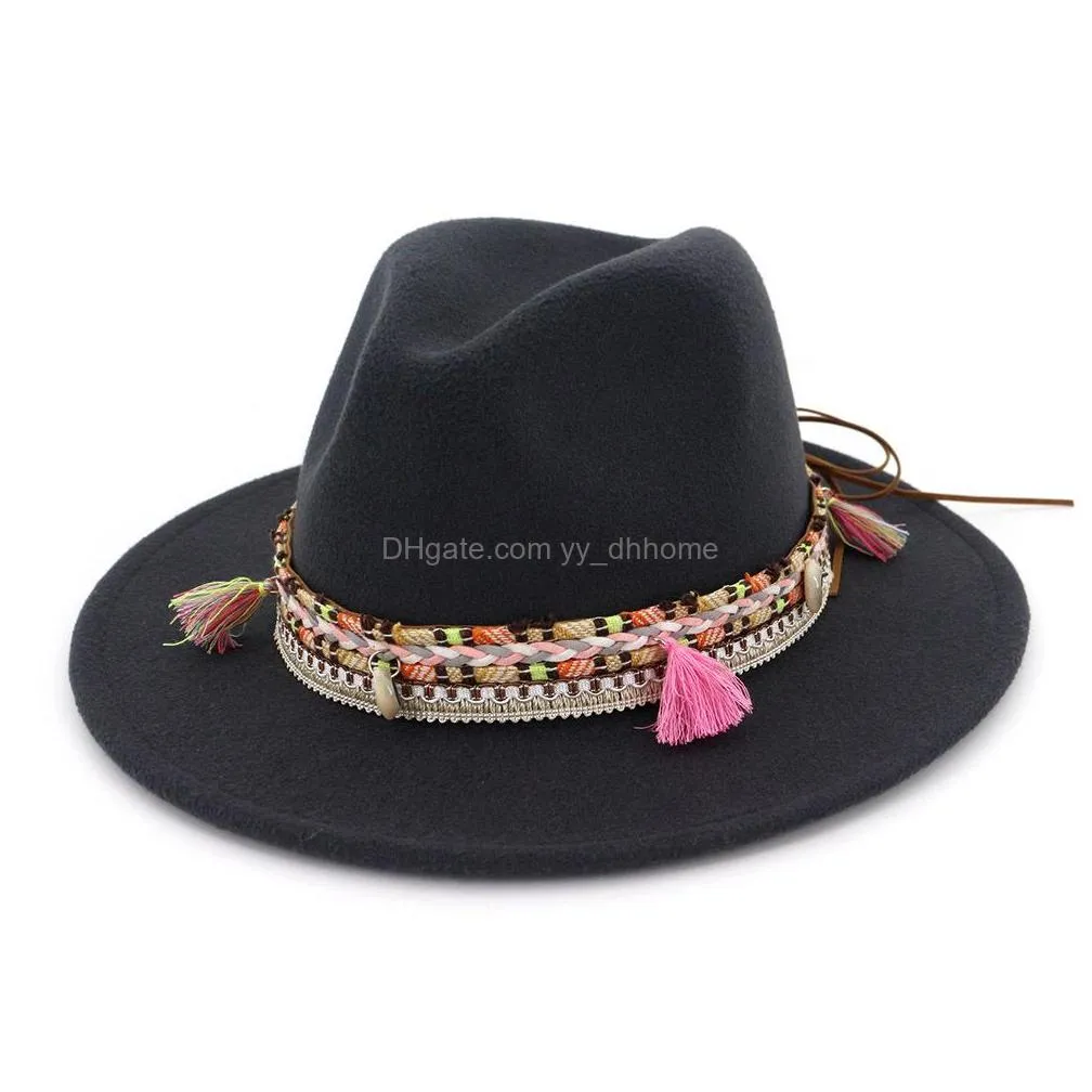 fashion unisex wide brim wool felt fedora hats with ethnic braided ribbon jazz cap retro panama style formal hat trilby