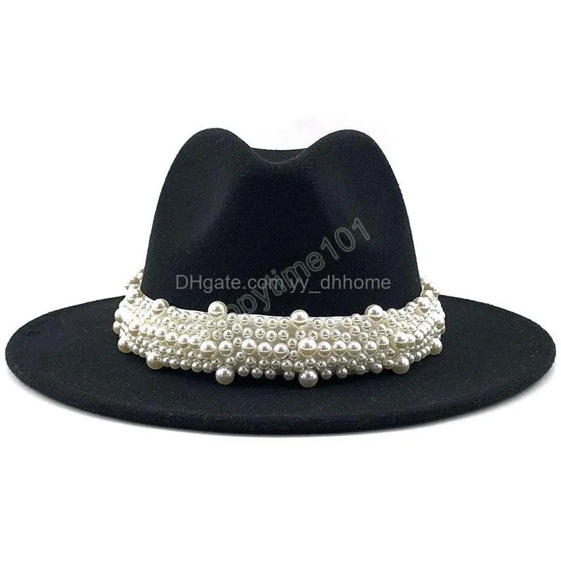 fedora wool jazz hats casual men women leather pearl ribbon felt hat white pink yellow panama trilby formal party cap