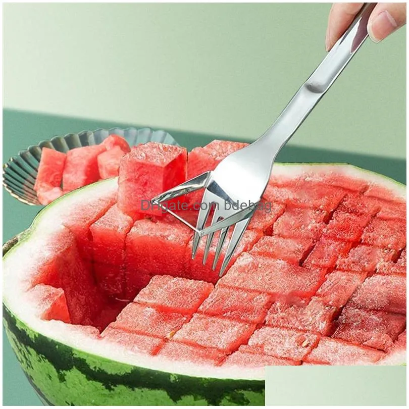 vegetable tools multifunction 2 in 1 stainless steel fruit fork watermelon slicer cutter tableware kitchen gadgets 743 b3