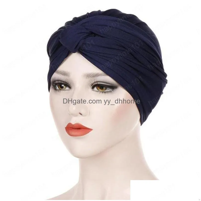 muslim women twist knot stretch turban hijab headscarf wrap hair loss cancer cap hat indian cover islamic beanies solid color