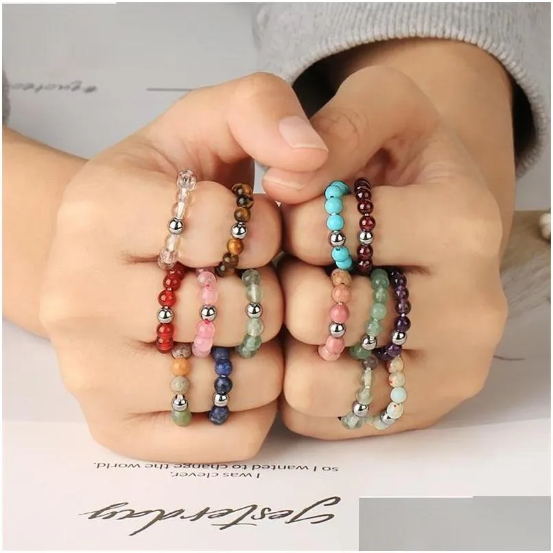 natural stone beads rings elastic 4mm crystal round strand finger ring handmade creative band ring women men party jewelry 1pc c3