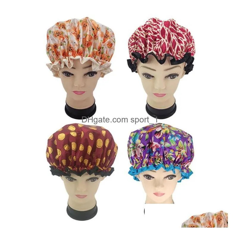 34 styles multipattern thick women shower satin hats ear muffs colorful bath showers caps hair cover double waterproof bathing cap