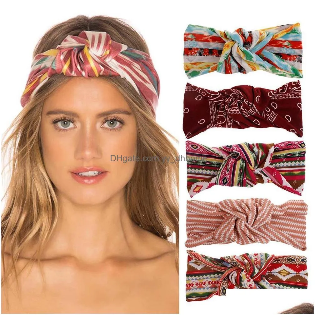 2020 bohemian fashion womens florals stripe headband elastic headband ladies vintage knot hair band 12 colors