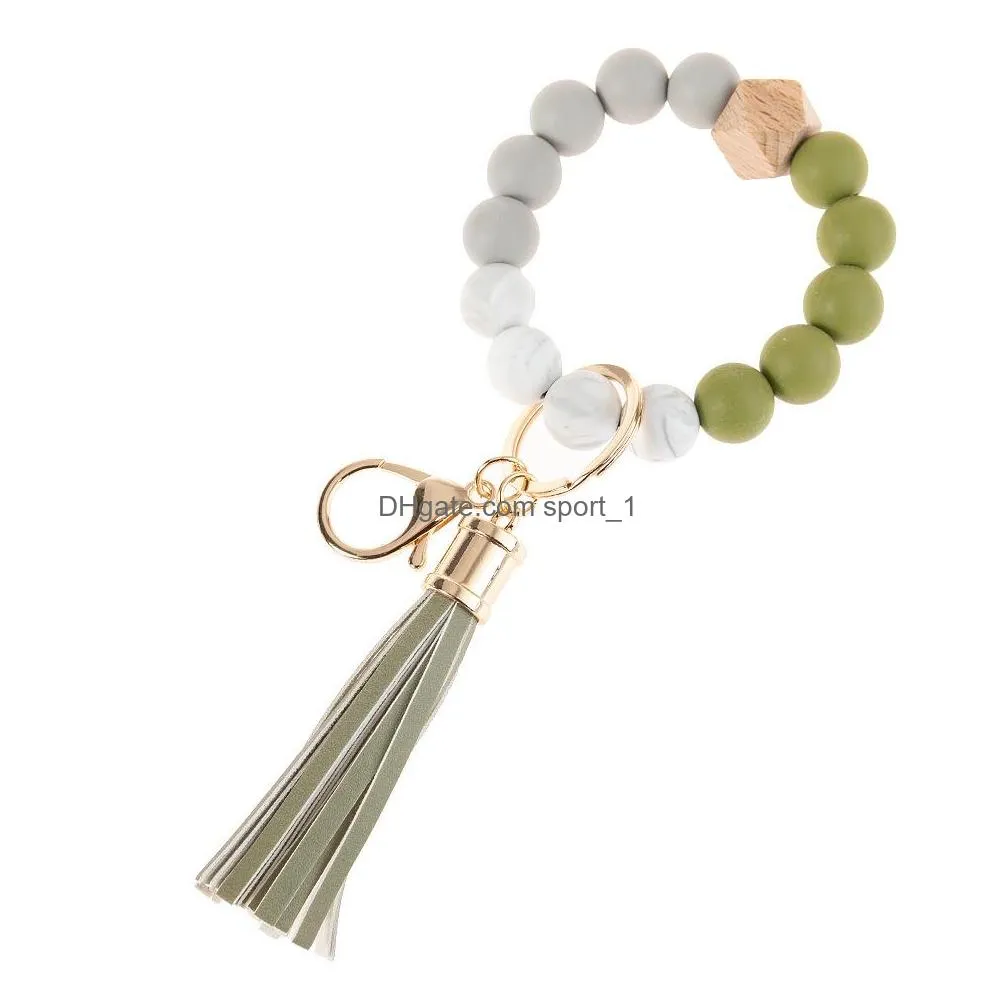 wooden tassel bead string bracelet keychain food grade silicone beads bracelets women girl key ring wrist strap