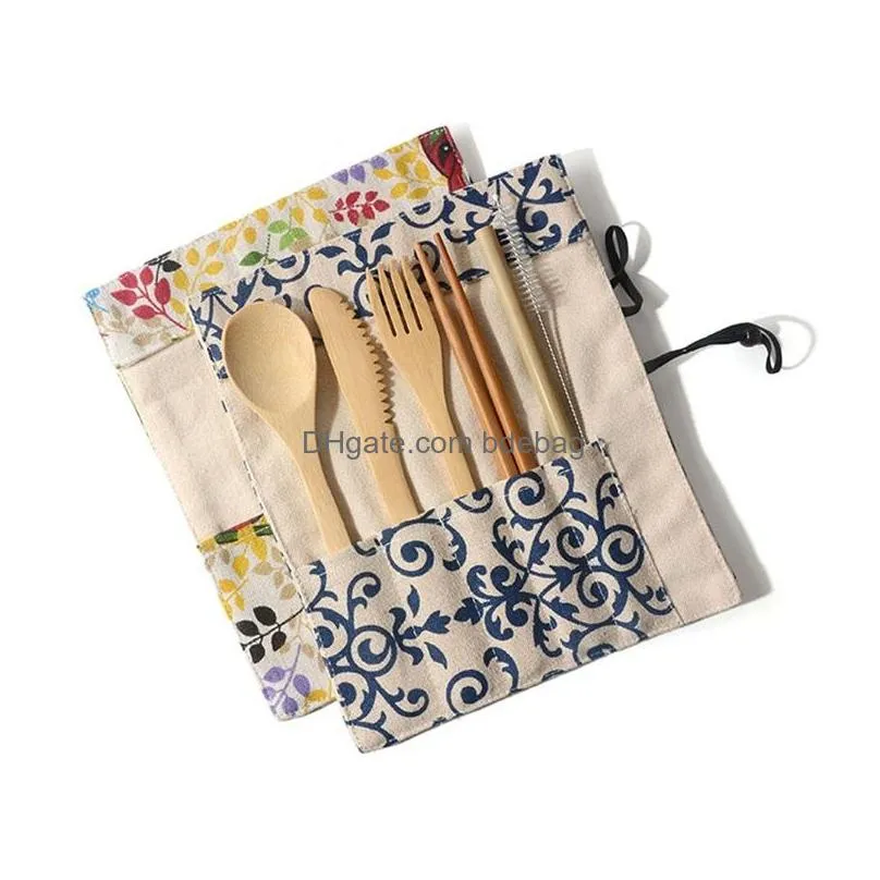 canvas bag tableware suit chopsticks spoon fork knife dinnerware set outdoors travel dinner service kit with various pattern 11le j1