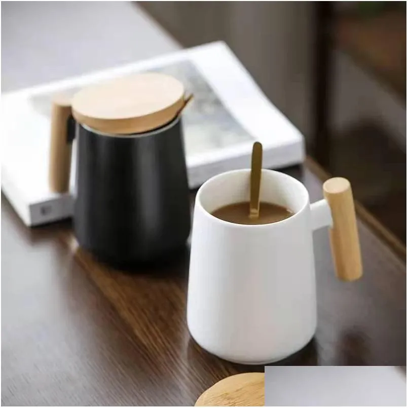 480ml nordic design simple white black ceramic coffee mug with wooden handle water cup for business gift modern style mugs inventory