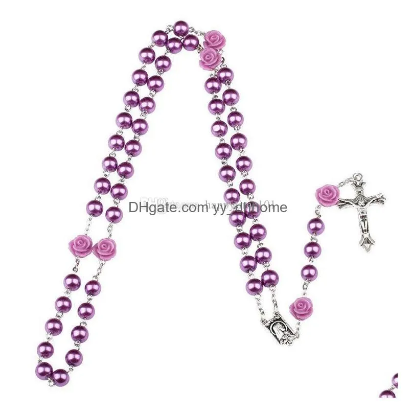 nice woman trendy purple imitation pearl rose catholicism prayer beads cross necklace goddess religion necklace jewelry