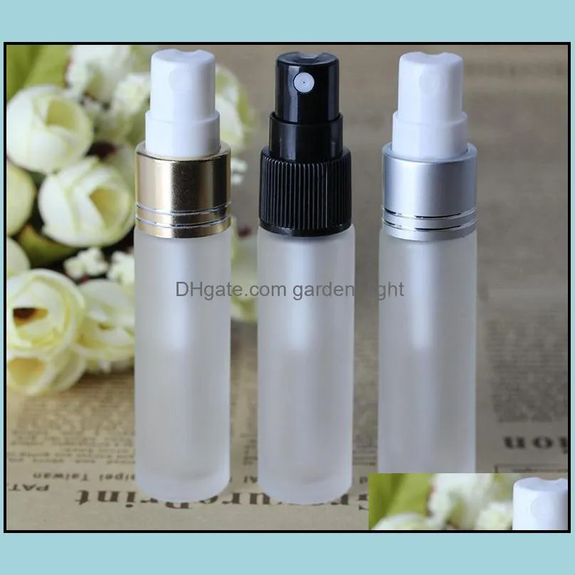 high end quality 10ml frosted glass perfume sample vials with 3 colors atomizer 10 ml empty spray bottle gold black silver lids sn2822