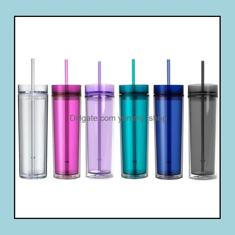 16oz skinny acrylic tumbler with lid and straw 480ml double wall clear plastic cup bpa straight water bottle wy943