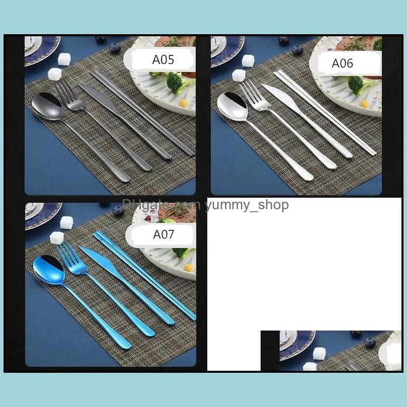 korean sets stainless steel long handle knife fork spoon chopsticks set colorful flatware for wedding kitchen accessories zwl253