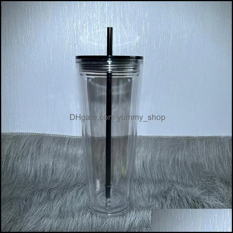 710ml 24oz clear plastic double wall tumbler cup with straw with black green lid coffee mugs wll1327